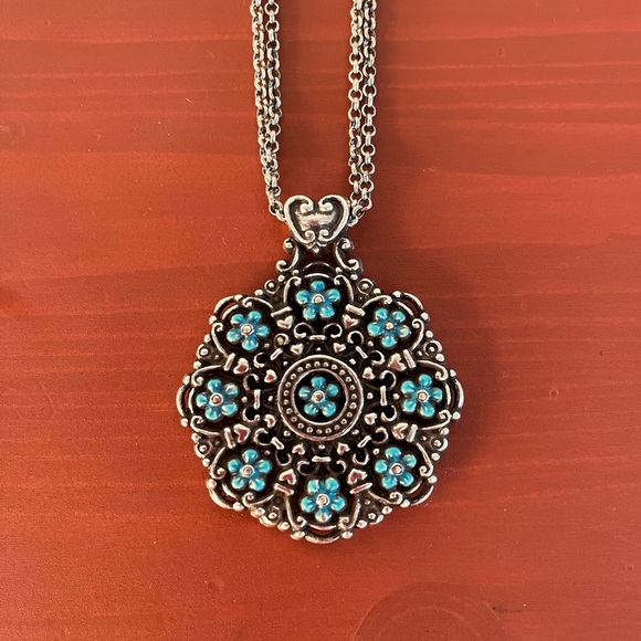 Brighton Lucia Round Silver Plated Medallion Necklace Turquoise Enamel Flowers - Picture 2 of 10